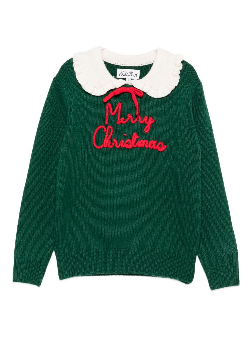 Maglione per bambina MC2 Saint Barth Kids verde con scritta ricamata sul davanti "Merry Christmas" - Rubino Kids