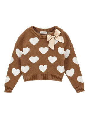 Maglione per bambina Monnalisa marrone con motivo a cuori
