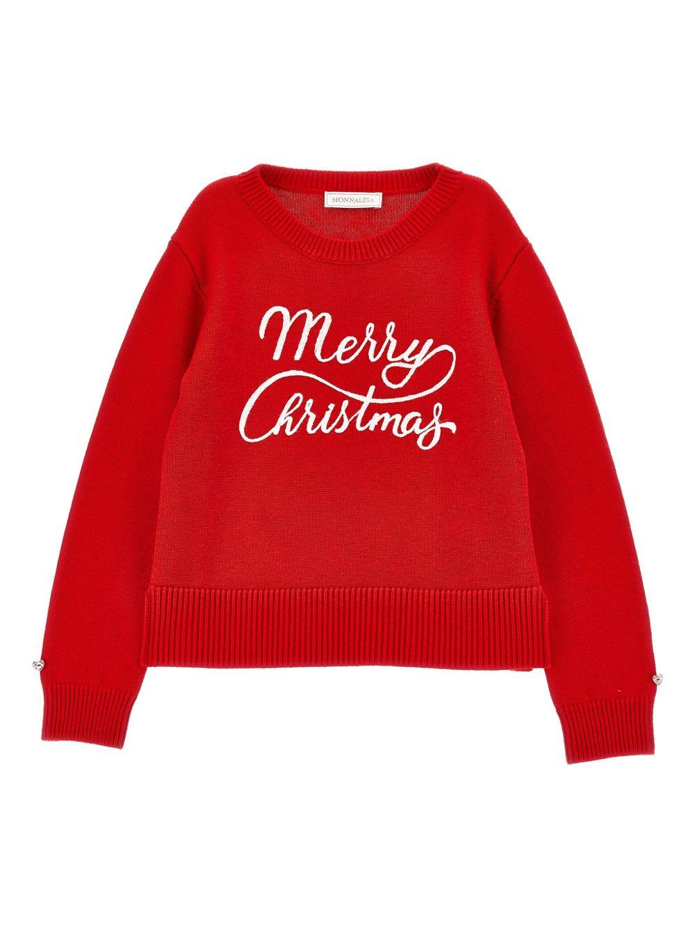 Maglione per bambina Monnalisa rosso con ricamo con ricamo Merry Christmas - Rubino Kids