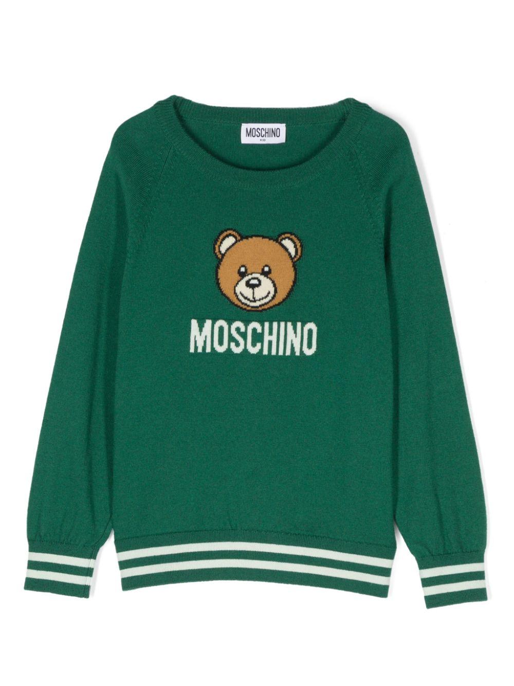 Maglione per bambina Moschino Kids verde con logo intarsiato e ricamo Teddy Bear - Rubino Kids