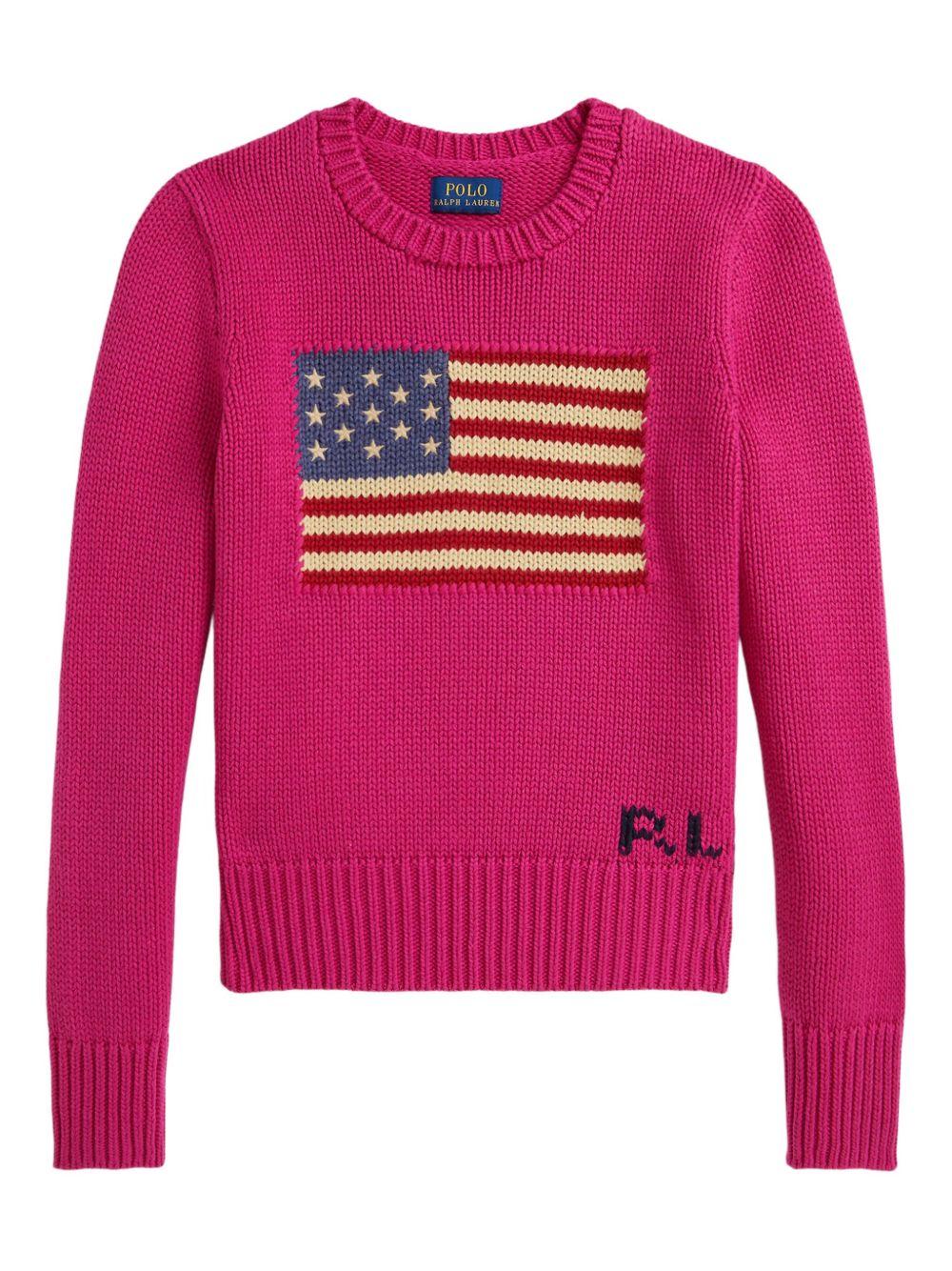 Maglione per bambina Polo Ralph Lauren Kids fucsia con motivo a bandiera - Rubino Kids