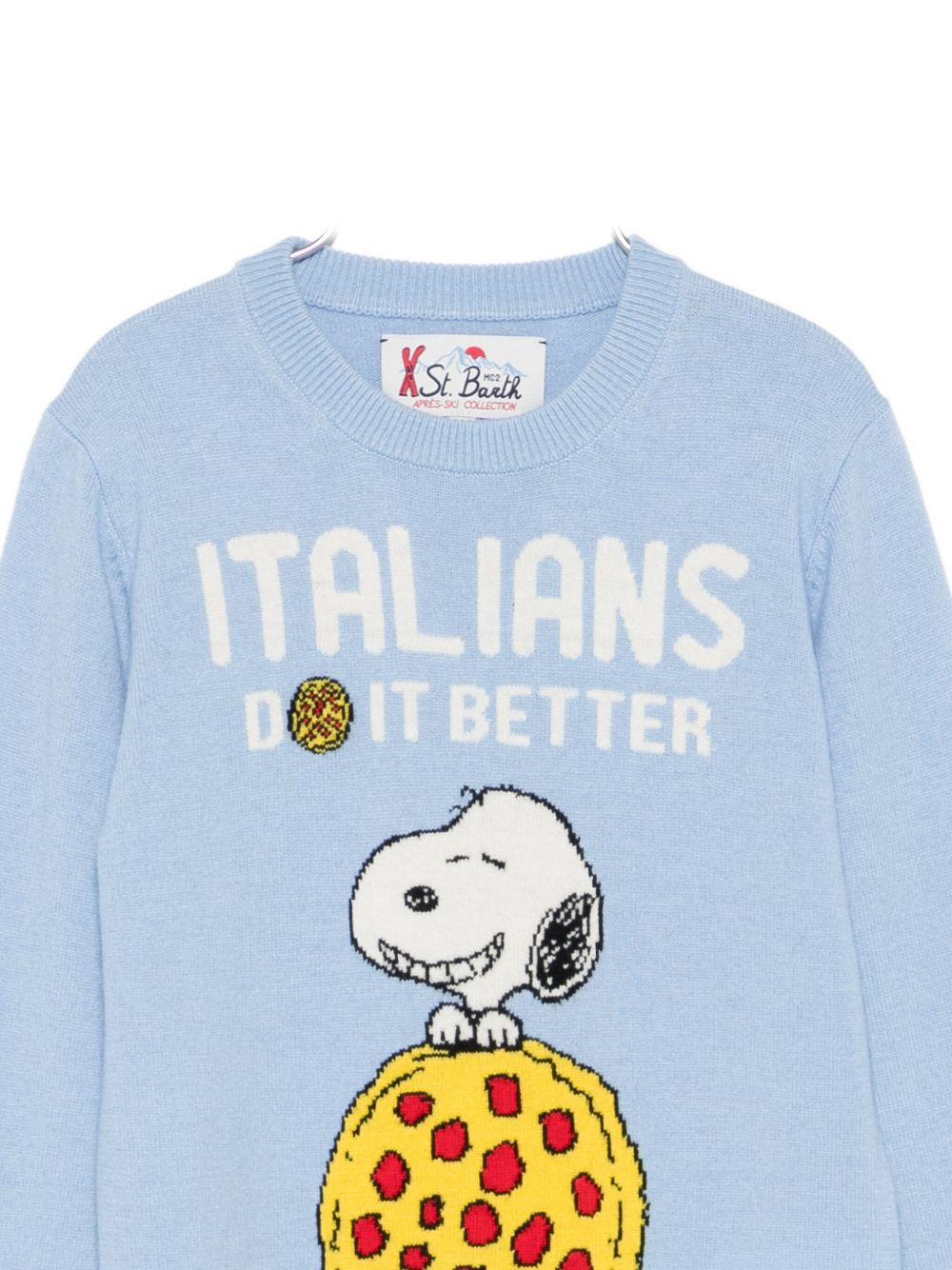 Maglione per bambino MC2 Saint Barth Kids azzurro con ricamo Snoopy e pizza - Rubino Kids