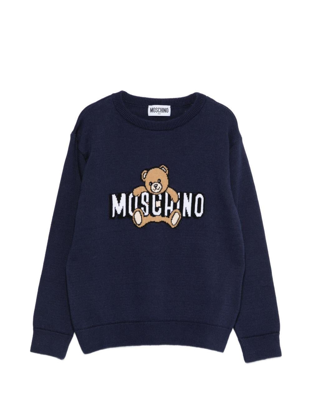 Maglione per bambino Moschino Kids bu con Teddy Bear ricamato sul davanti - Rubino Kids