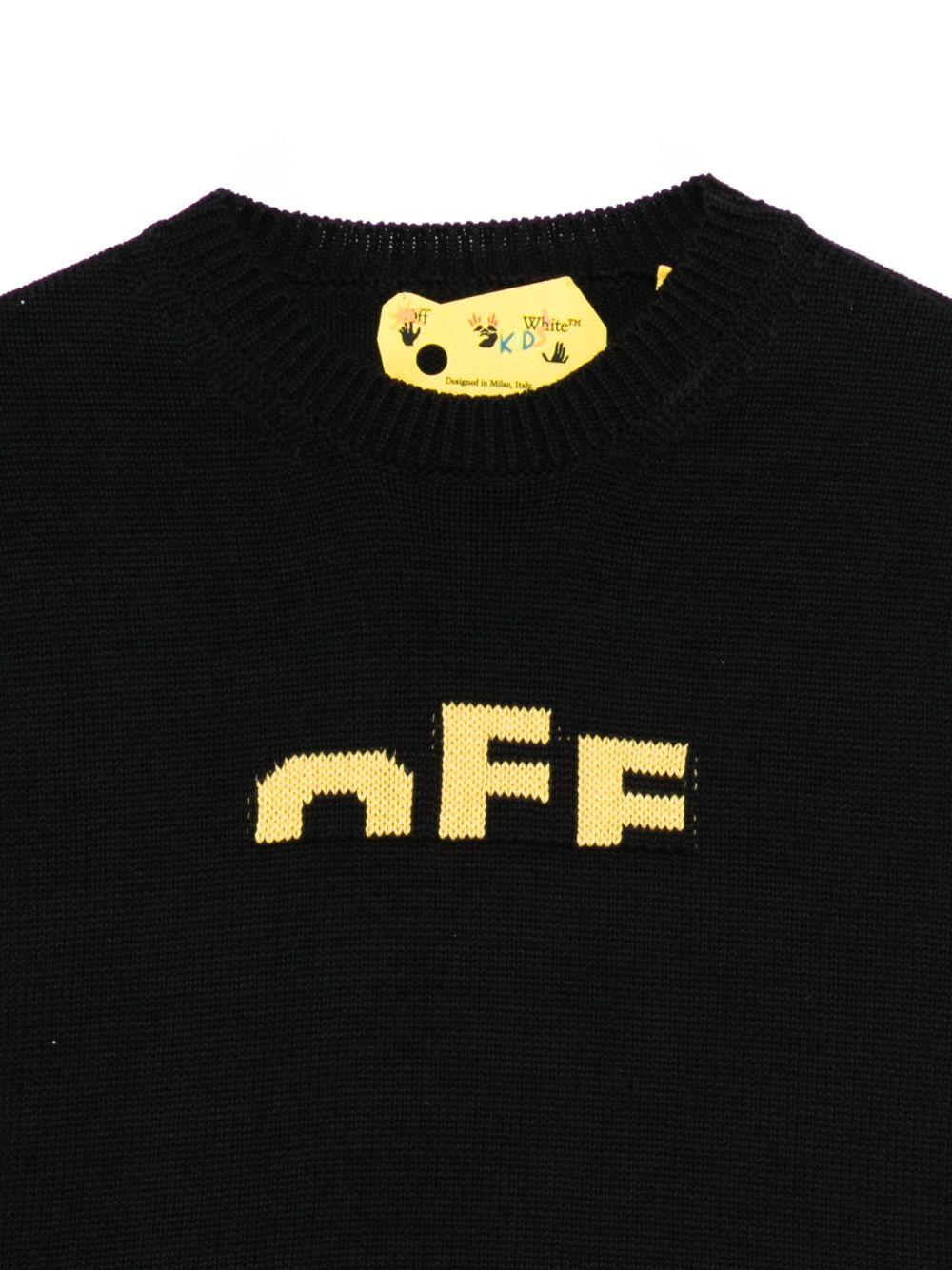 Maglione per bambino Off - White nero con logo ricamato e orlo a coste - Rubino Kids