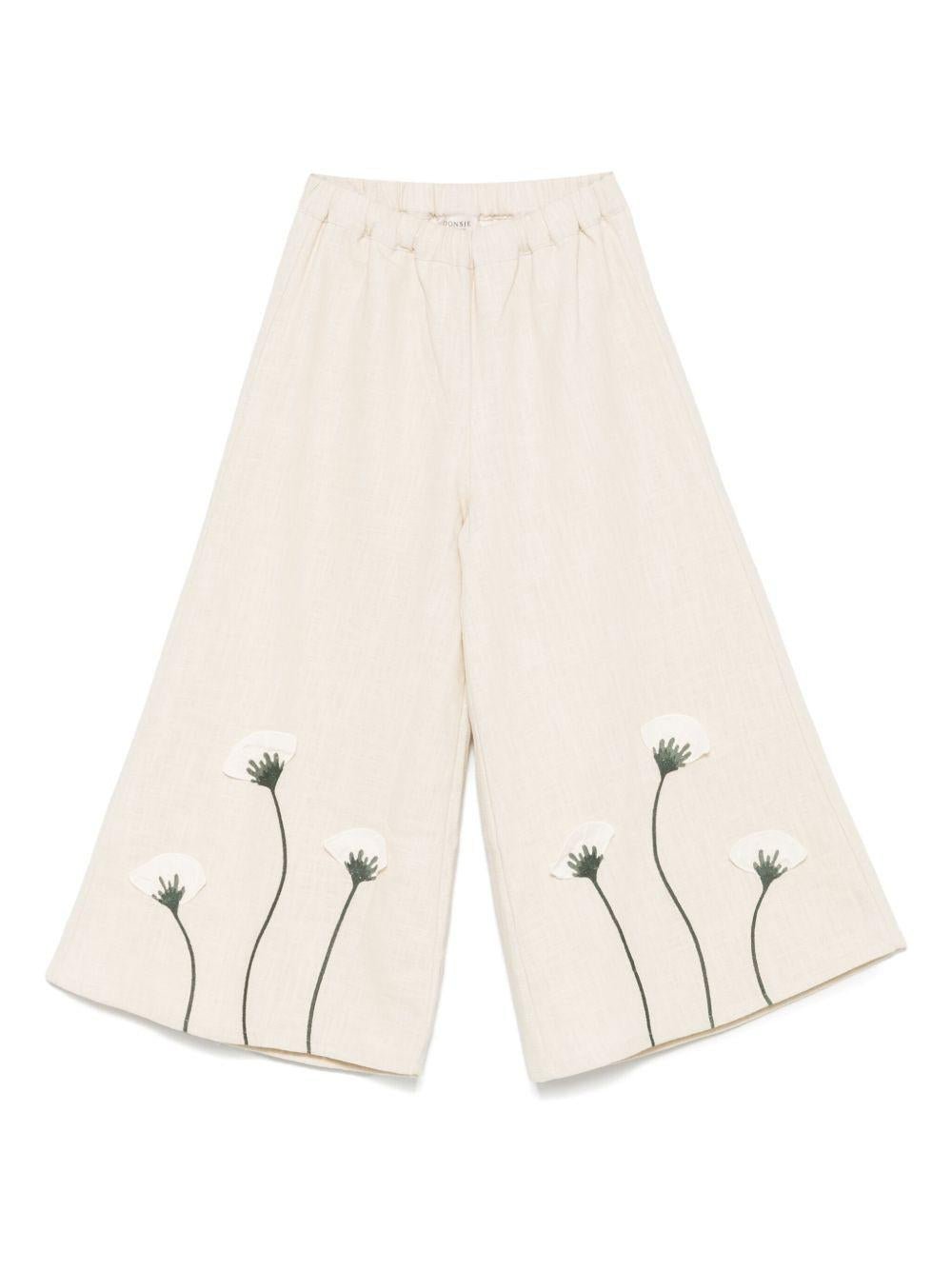 Pantaloni per bambina Donsje beige con applicazione a fiori - Rubino Kids