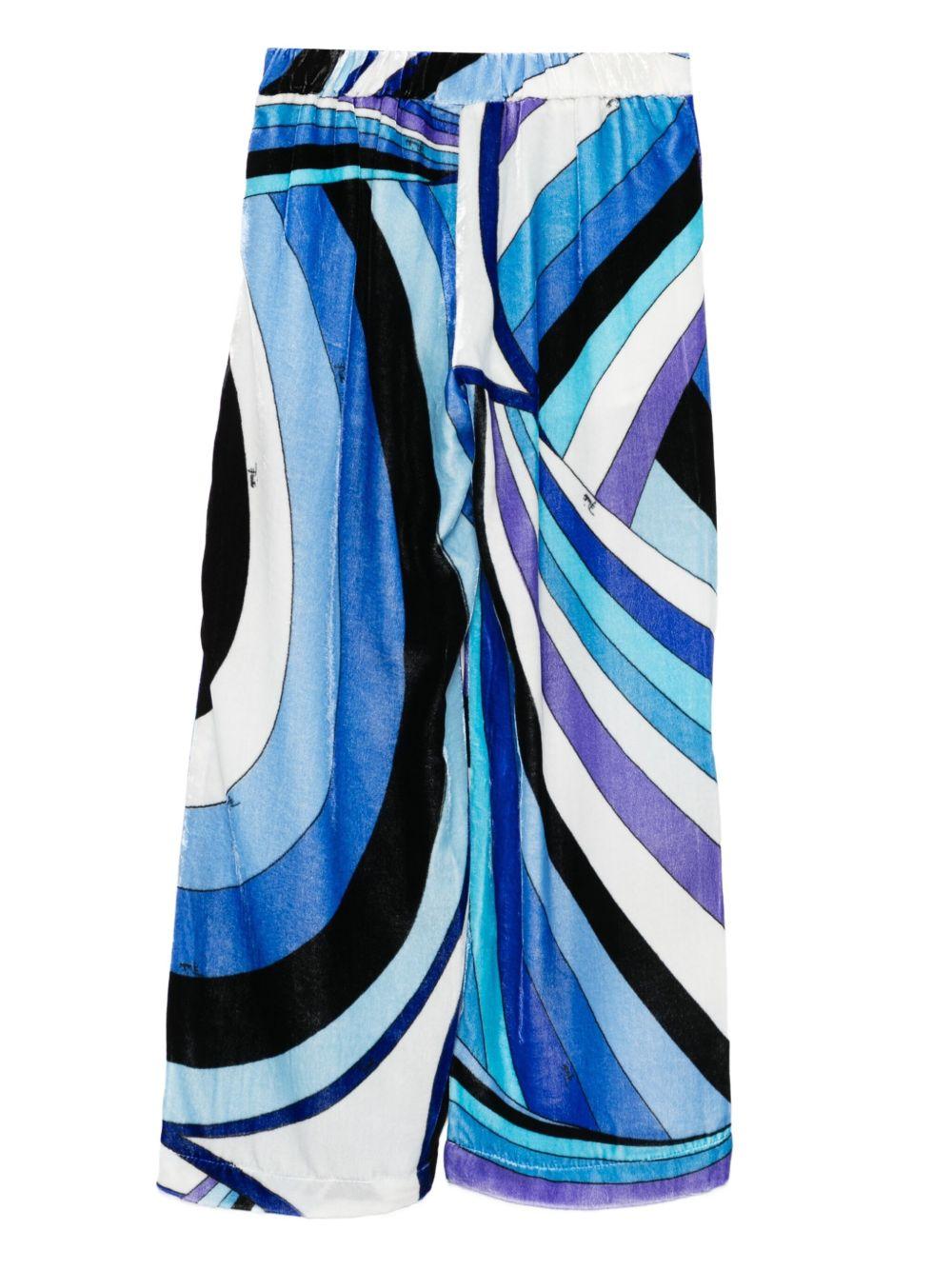 Pantaloni per bambina Emilio Pucci Junior blu in velluto con stampa astratta - Rubino Kids