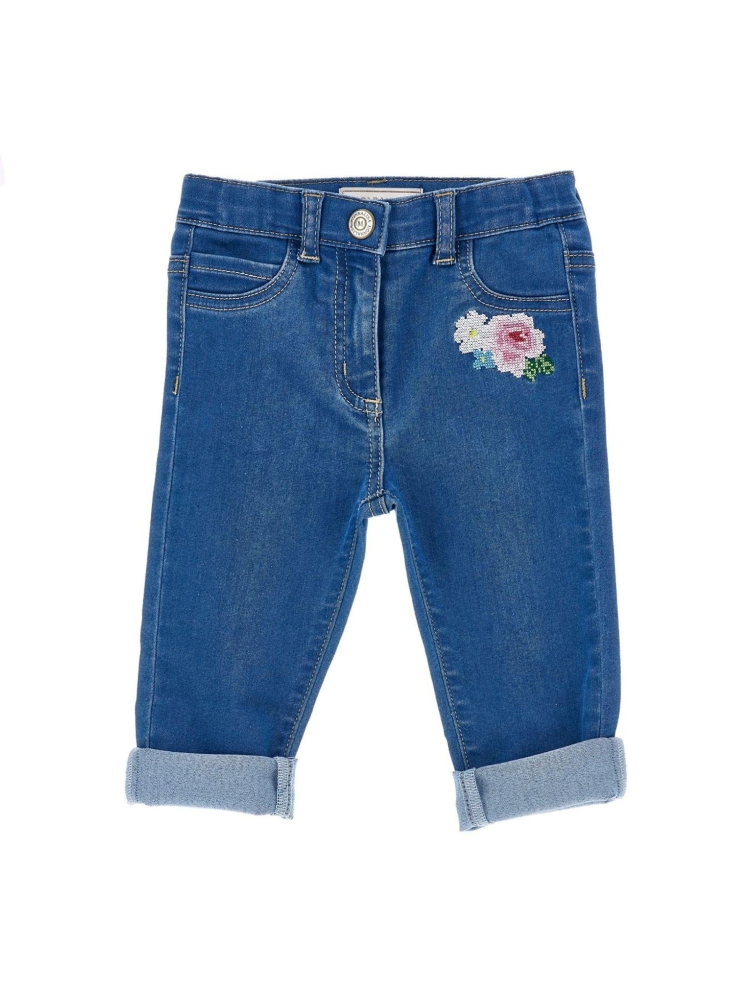 Pantaloni per neonata Monnalisa blu con ricamo a fiori - Rubino Kids