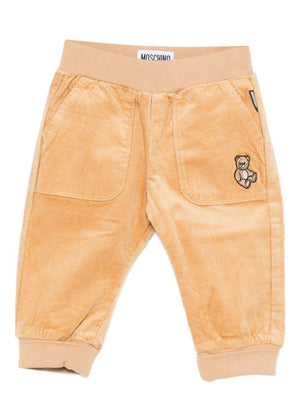 Moschino Kids beige corduroy trousers with teddy bear embroidery for baby boys