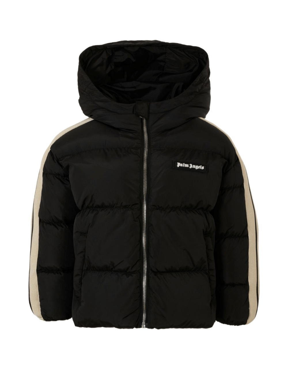 Piumino per bambino Palm Angels Kids nero con cappuccio e dettaglio a righe - Rubino Kids