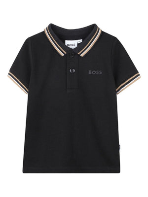 Boss Kids black polo shirt with striped collar for newborns