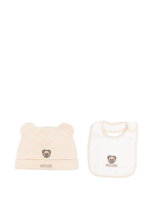 Set bavaglino con cappello per neonati Moschino Kids beige con ricamo di orsacchiotto