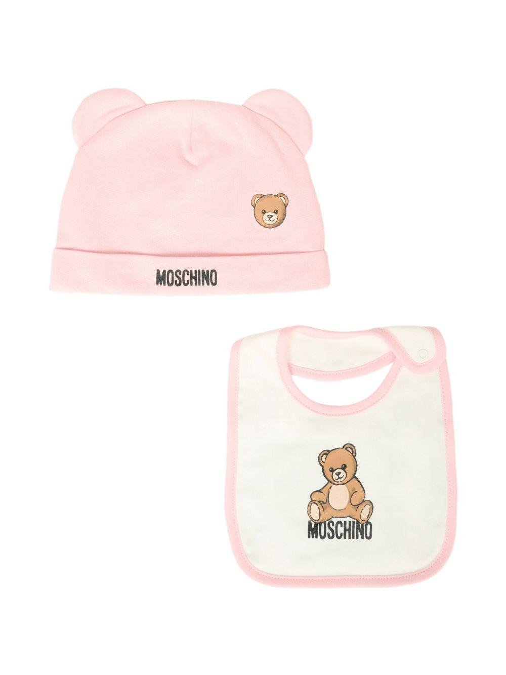 Set berretto e bavaglino per neonata Moschino Kids rosa con motivo Teddy Bear - Rubino Kids