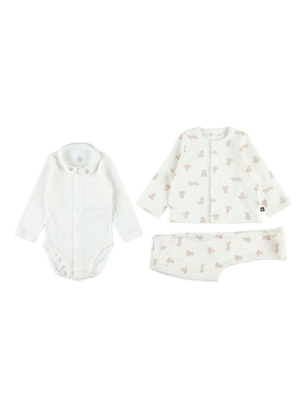 Set di cardigan pantaloni e tutina per neonati Petit Bateau bianco con stampa orso all - over - Rubino Kids
