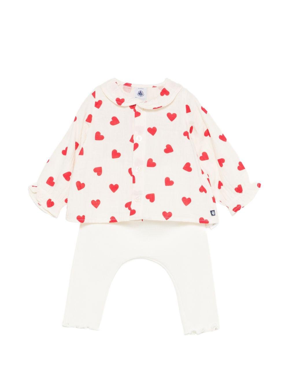 Set di t-shirt e pantaloni per neonata Petit Bateau bianco con stampa a cuori - Rubino Kids