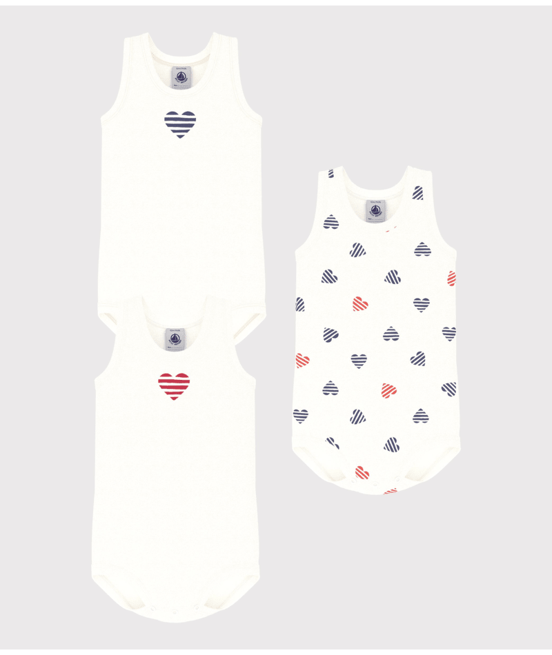 Set di tre body per neonati Petit Bateau bianco con fantasia a cuori - Rubino Kids