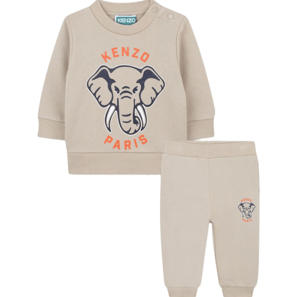 Set felpa e pantaloni sportivi per neonato Kenzo Kids beige con design grafico a elefante - Rubino Kids