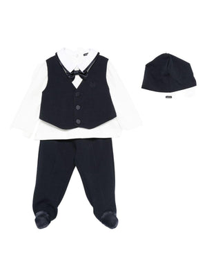 Set gilet camicia pantaloni e cappellino per neonato Monnalisa blu con papillon