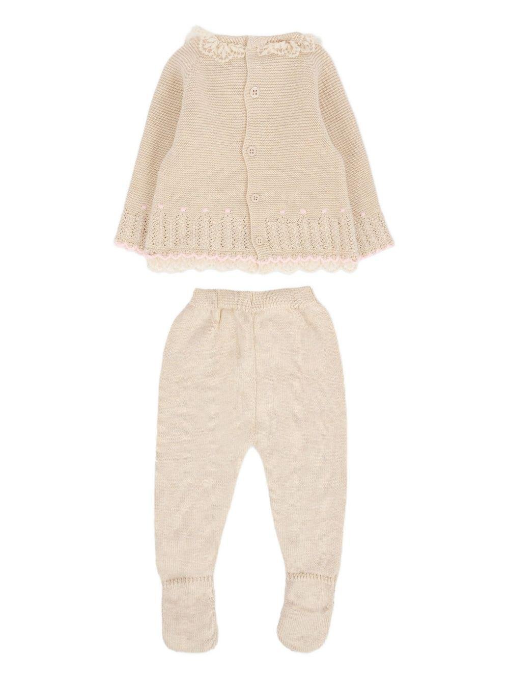 Set maglione e pantaloni per neonata Paz Rodriguez beige con bordo in pizzo - Rubino Kids