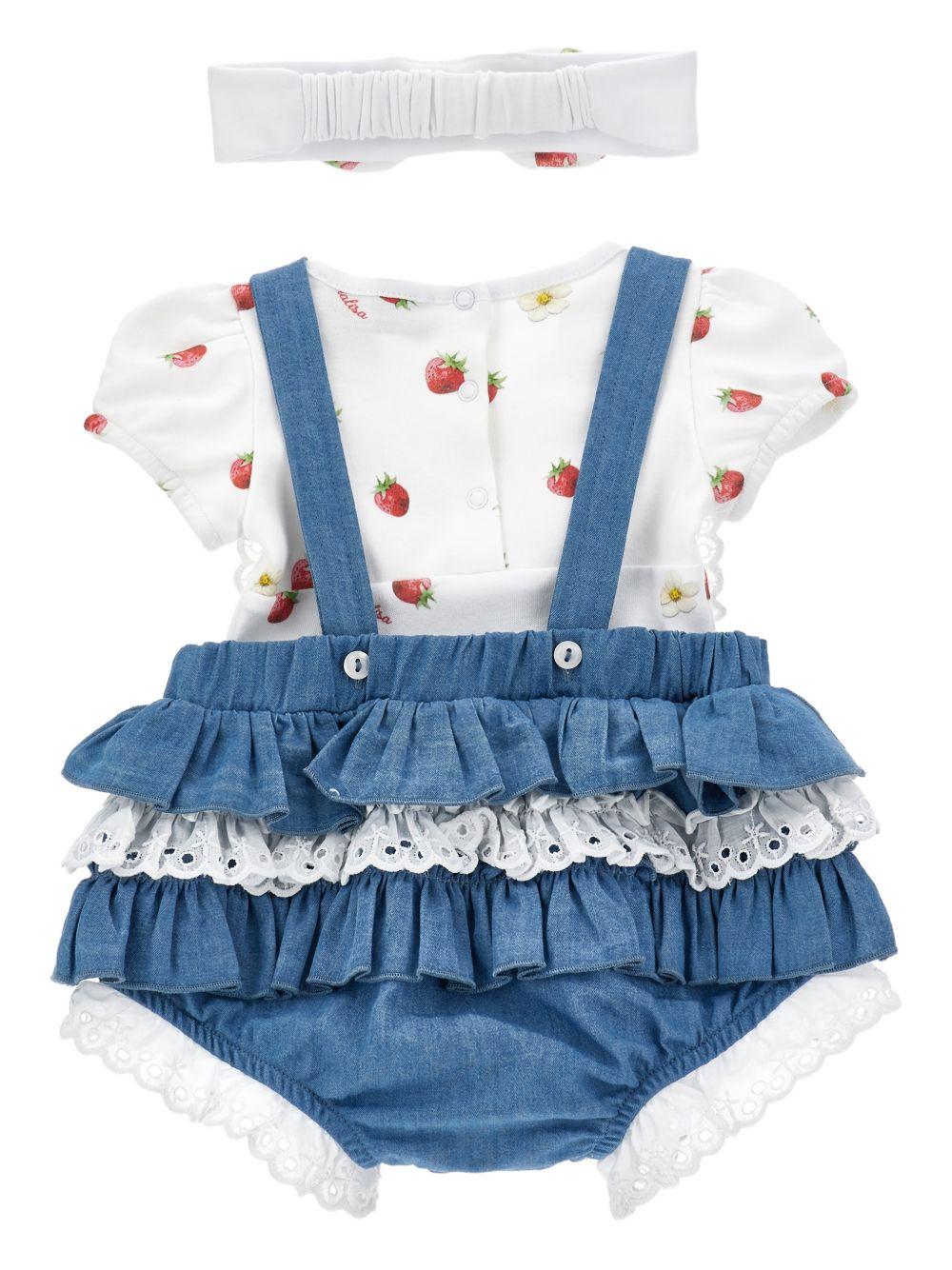 Set salopette, fascia e body per neonata Monnalisa bianco e in denim con ricamo - Rubino Kids