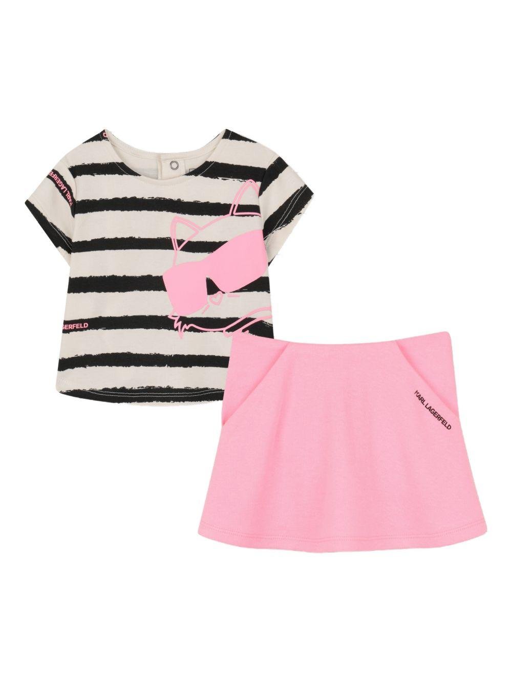 Set t-shirt e gonna per neonata Karl Lagerfeld Kids multicolore con stampa Ikon Choupette - Rubino Kids