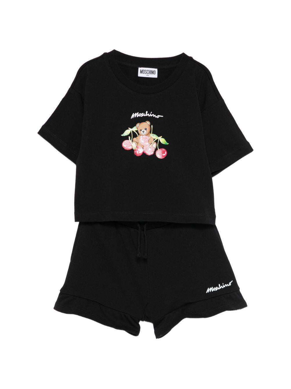 Set t-shirt e shorts per bambina Moschino Kids nero con stampa Teddy Bear sul davanti - Rubino Kids