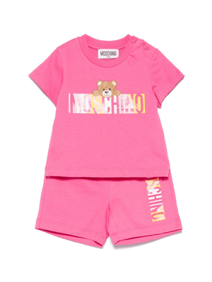 Moschino Kids fuchsia t-shirt and shorts set for baby girls with logo and Teddy Bear print
