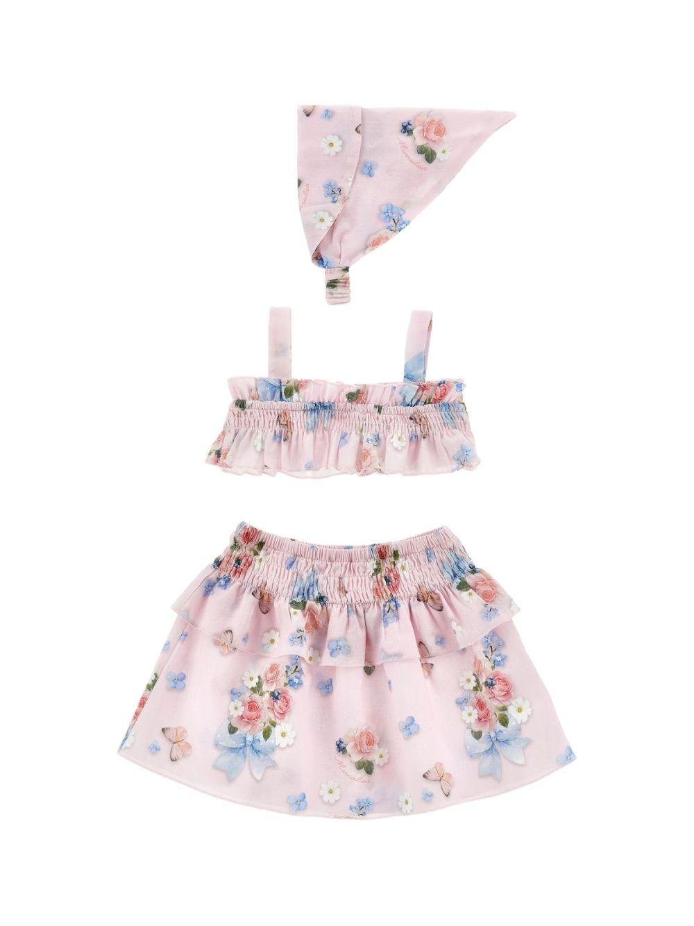 Set top, gonna e fascia per capelli per neonata Monnalisa rosa con motivo a fiori - Rubino Kids