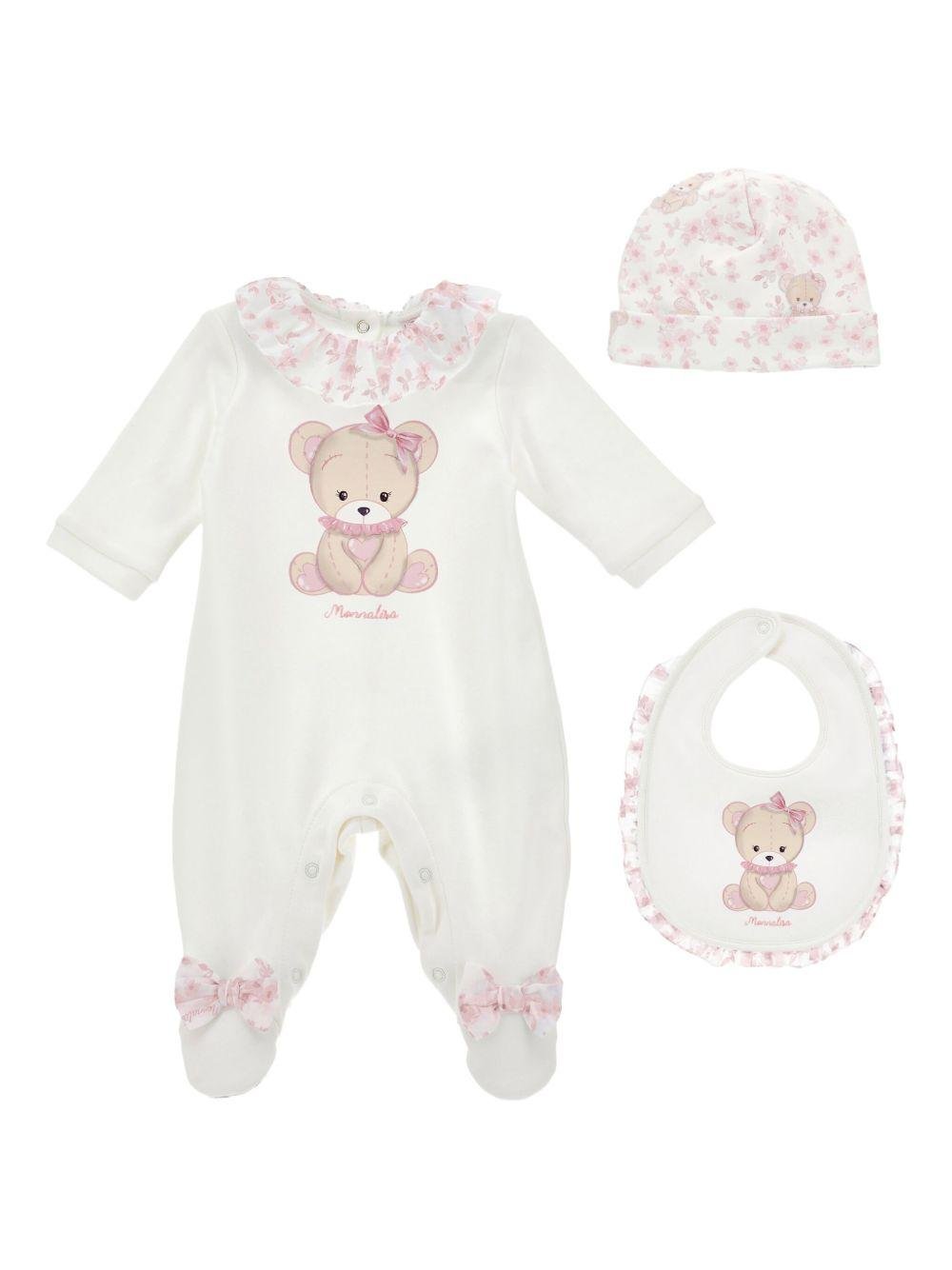 Set tutina bavaglino e cappellino per neonata Monnalisa bianco con stampa orsetto - Rubino Kids