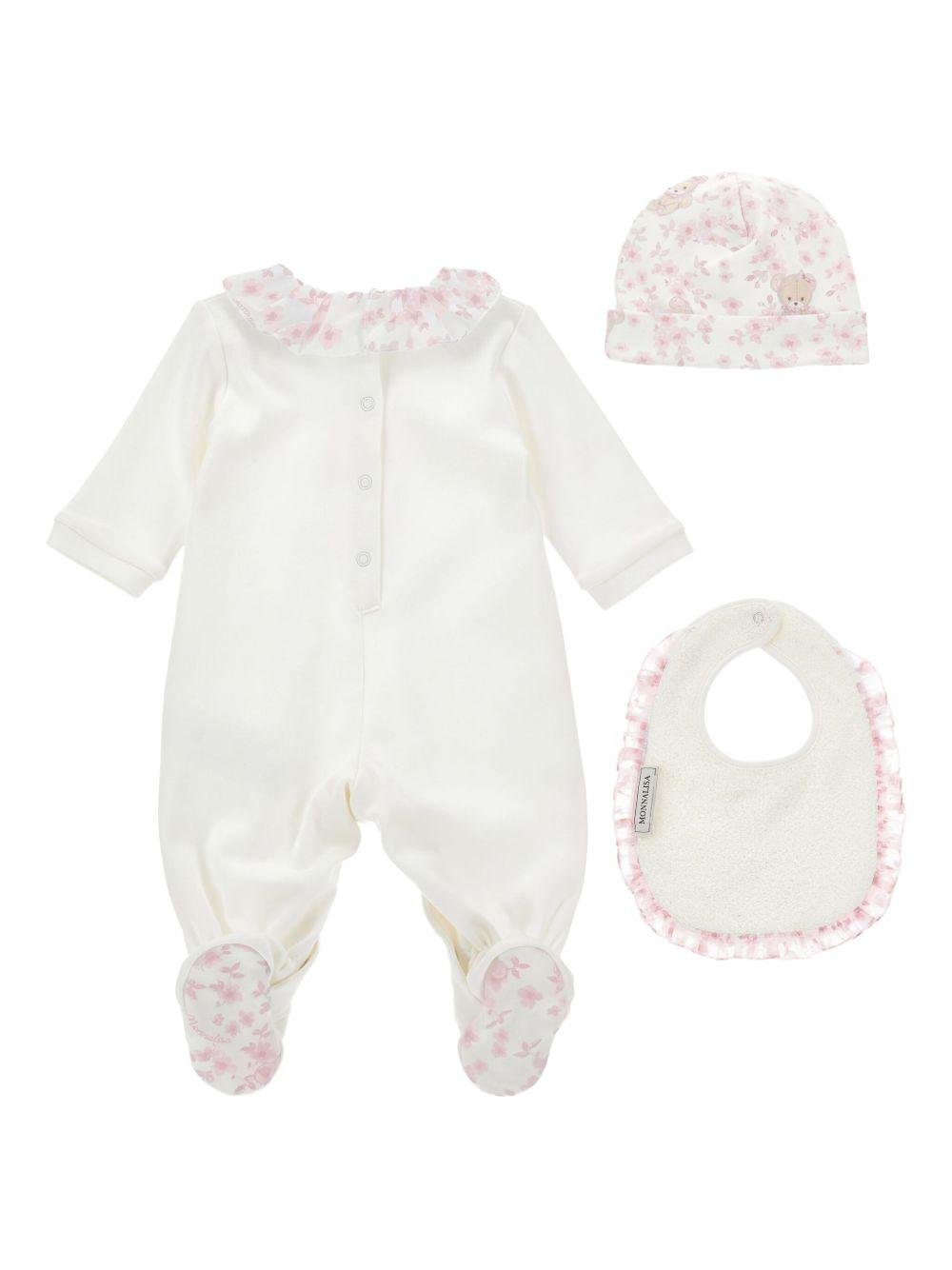 Set tutina bavaglino e cappellino per neonata Monnalisa bianco con stampa orsetto - Rubino Kids