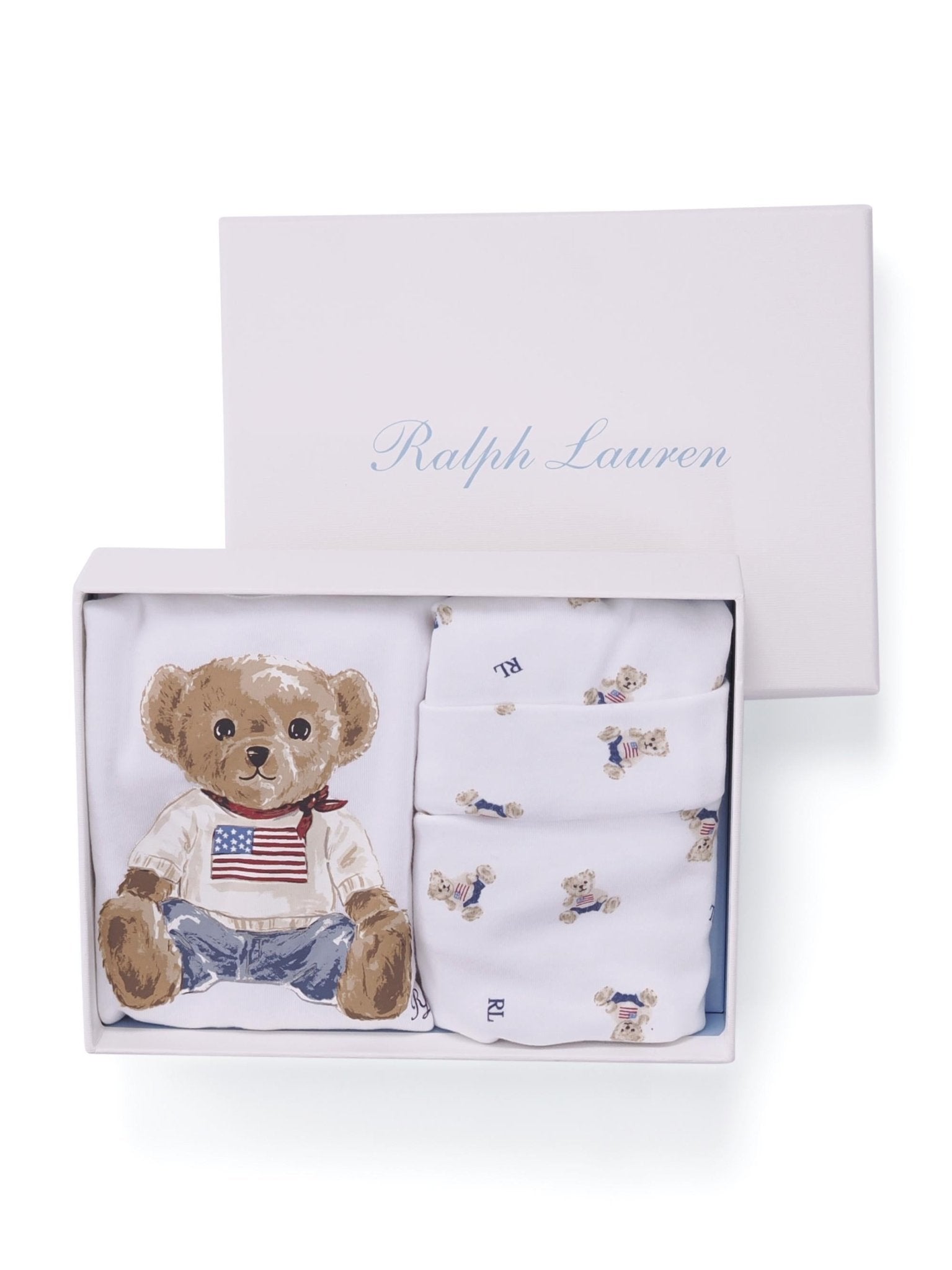 Set tutina bavaglino e cappellino per neonato Polo Ralph Lauren Kids bianco con stampa Teddy Bear - Rubino Kids