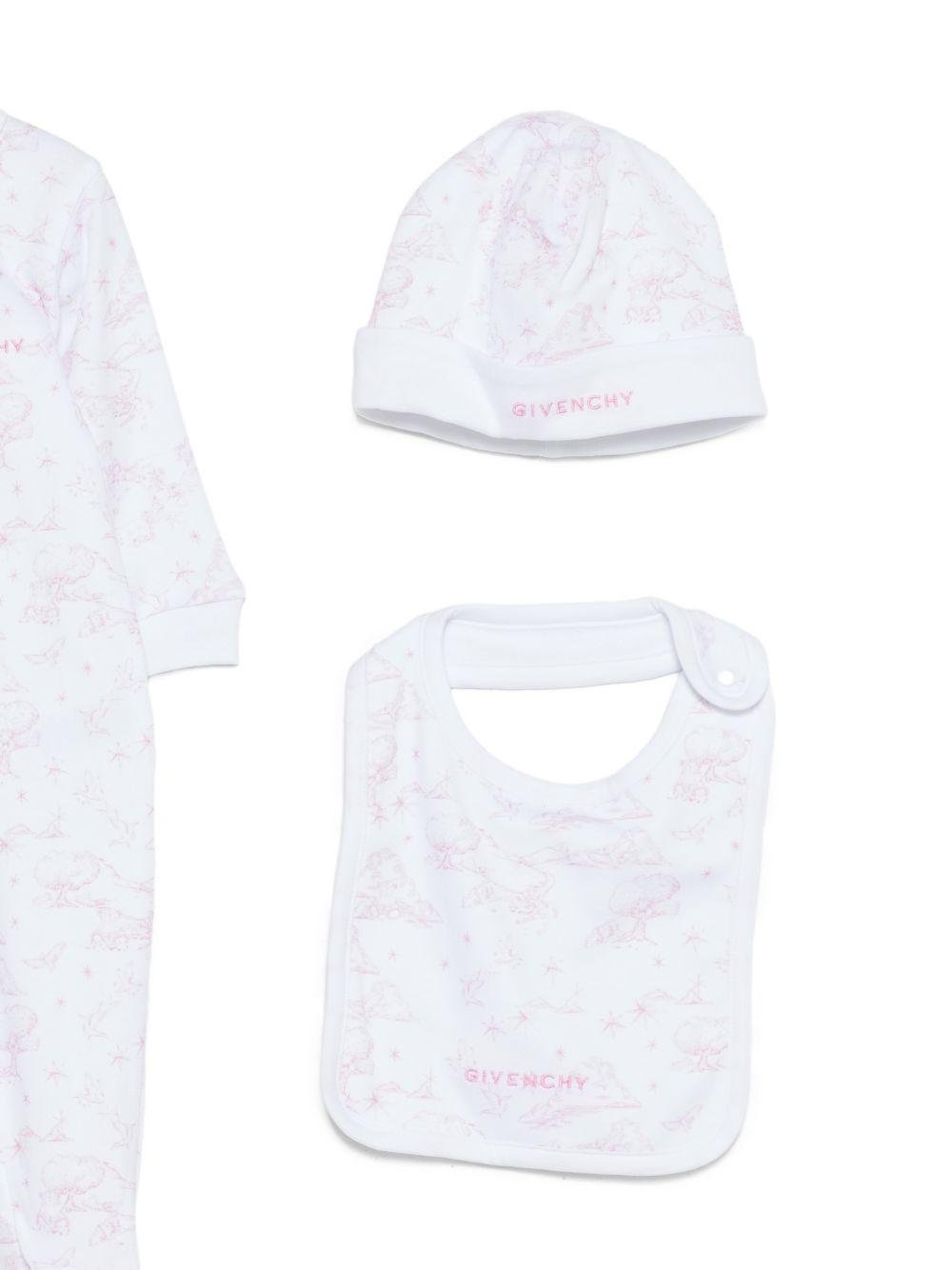 Set tutina, cappellino e bavaglino per neonata Givenchy Kids rosa con stampa grafica all - over - Rubino Kids