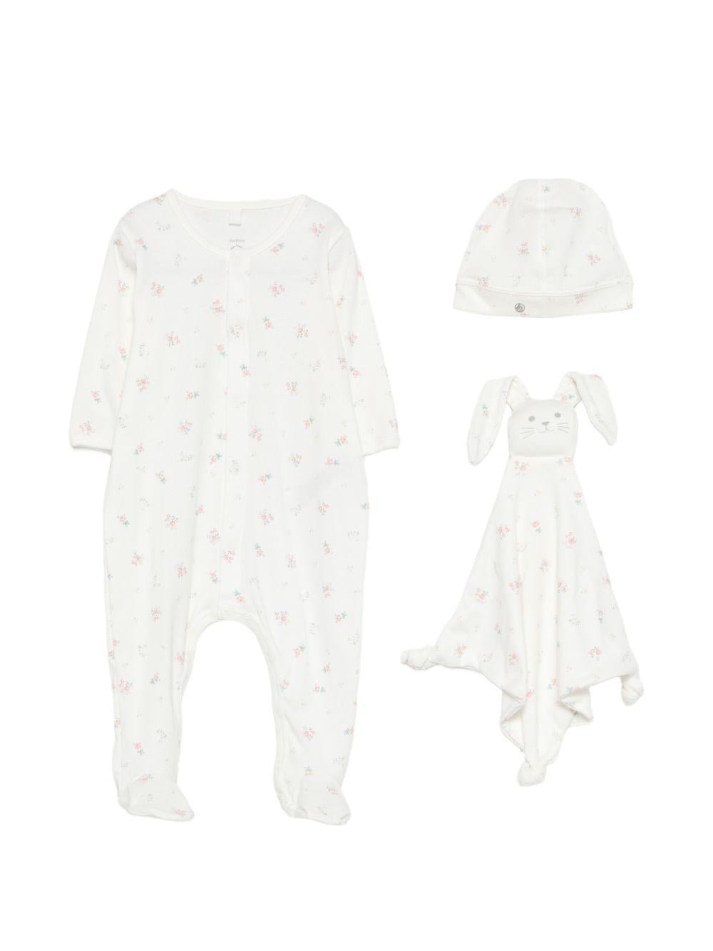 Set tutina cappello e doudou per neonata Petit Bateau bianco con stampa floreale - Rubino Kids