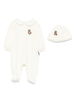Set tutina e berretto per neonati Moschino Kids bianco con orsetto ricamato