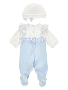 Set tutina e cappellino per neonata Monnalisa azzurro con stampa a fiori - Rubino Kids