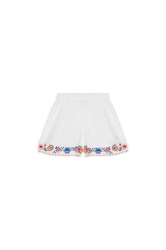 Shorts con ricamo fiori per bambina Louise Misha Kids bianco con vita elasticizzata - Rubino Kids
