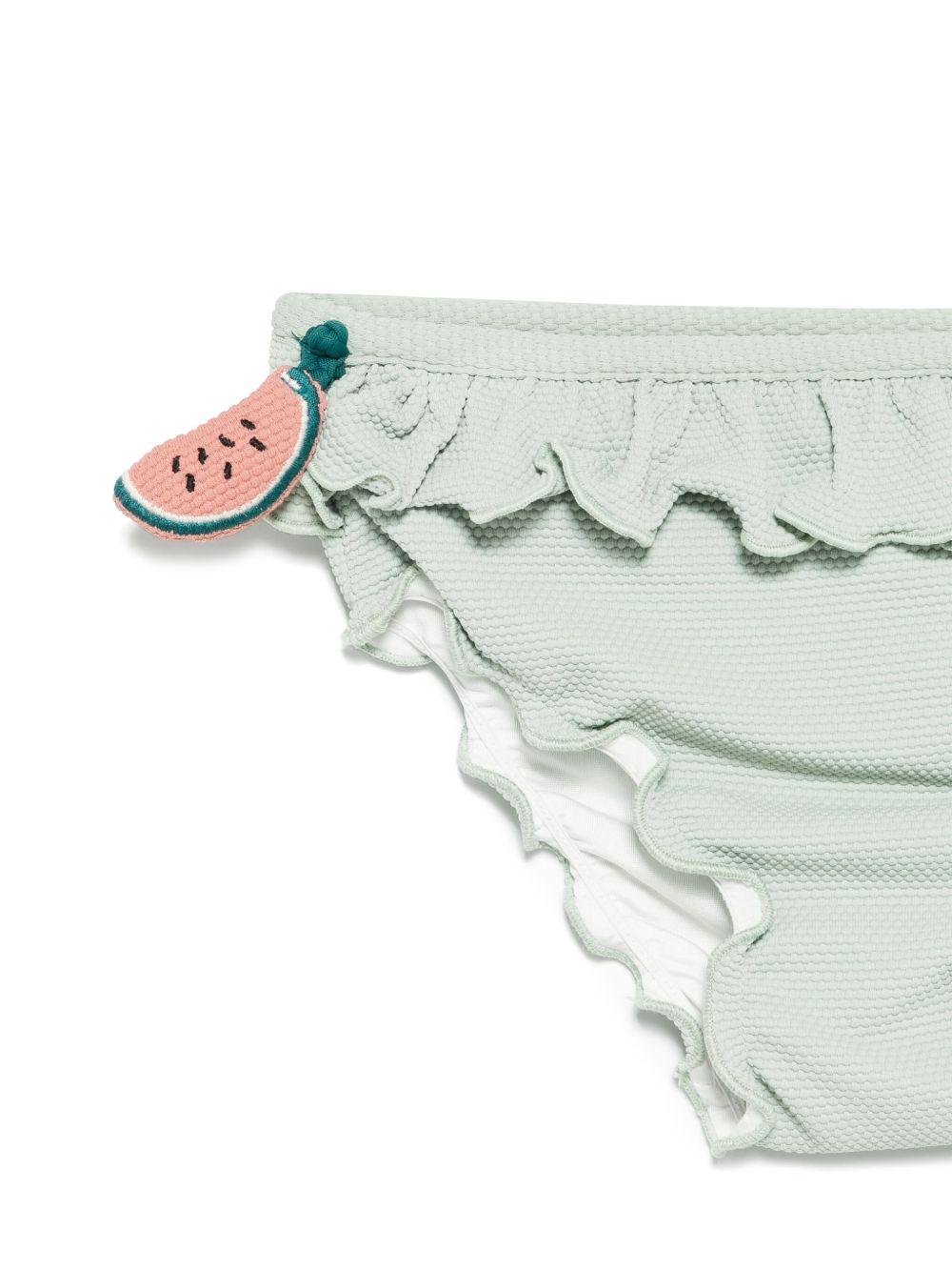 Slip bikini per bambina Donsje Sisi verde con dettagli con ruches - Rubino Kids