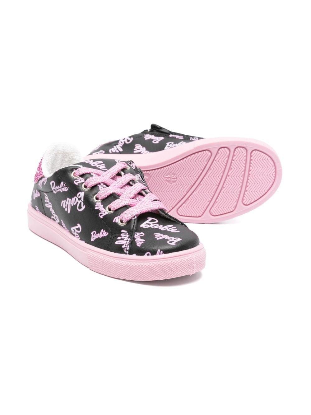 Sneakers per bambina Monnalisa x Barbie nero con stampa logo rosa e dettagli glitter - Rubino Kids