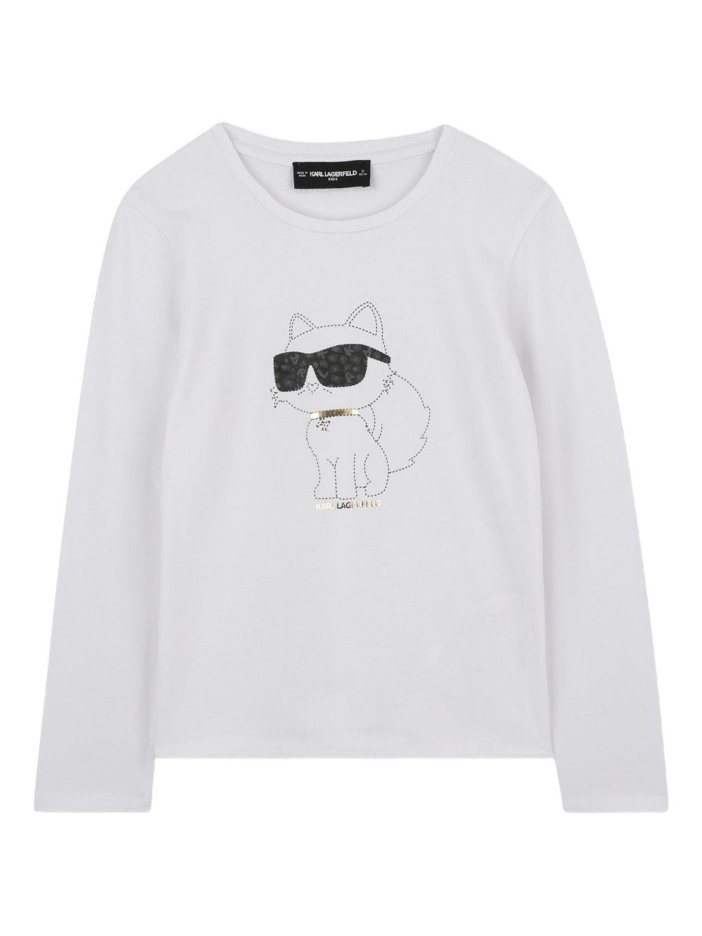 T-shirt a maniche lunghe per bambina Karl Lagerfeld Kids bianca con stampa Choupette - Rubino Kids