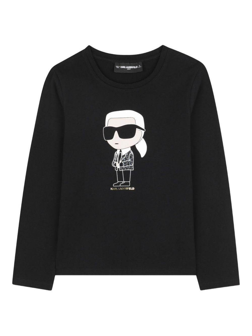 T-shirt a maniche lunghe per bambina Karl Lagerfeld Kids nera con motivo Ikon Karl - Rubino Kids