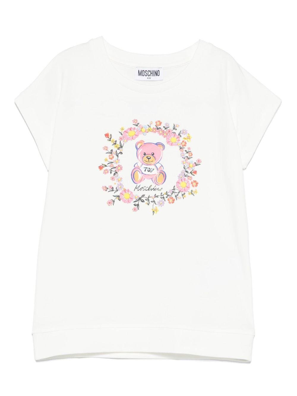 T-shirt con stampa Teddy Bear per bambina Moschino Kids bianco con girocollo - Rubino Kids