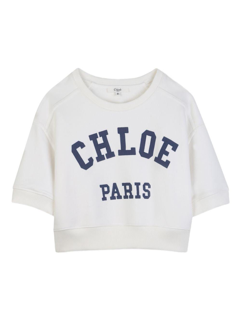 T-shirt girocollo per bambina Chloé Kids bianca con applicazione logo - Rubino Kids