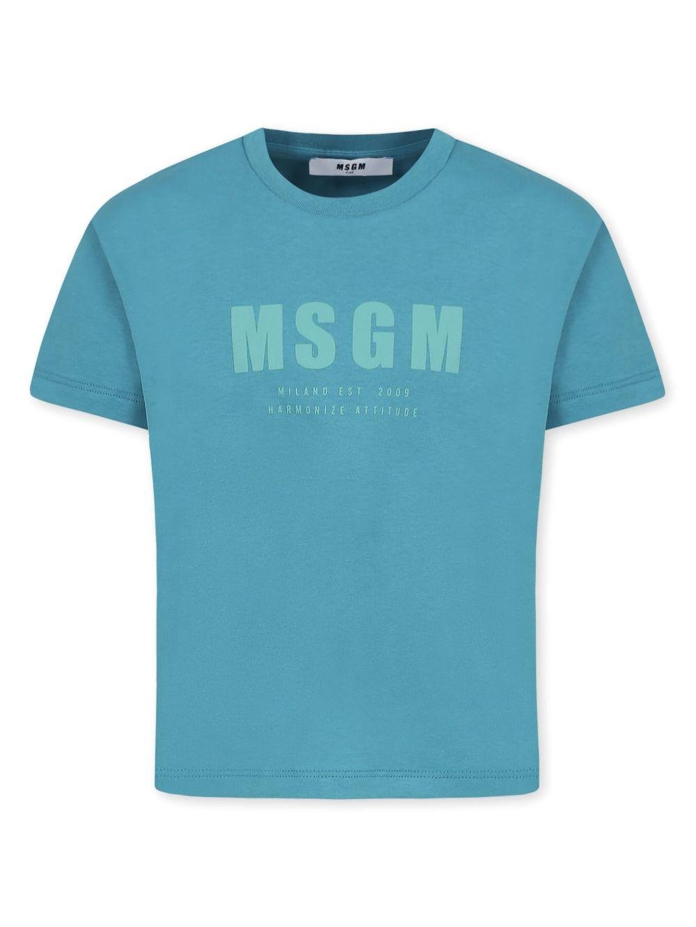 T-shirt in cotone con stampa per bambino MSGM Kids blu con orlo dritto - Rubino Kids