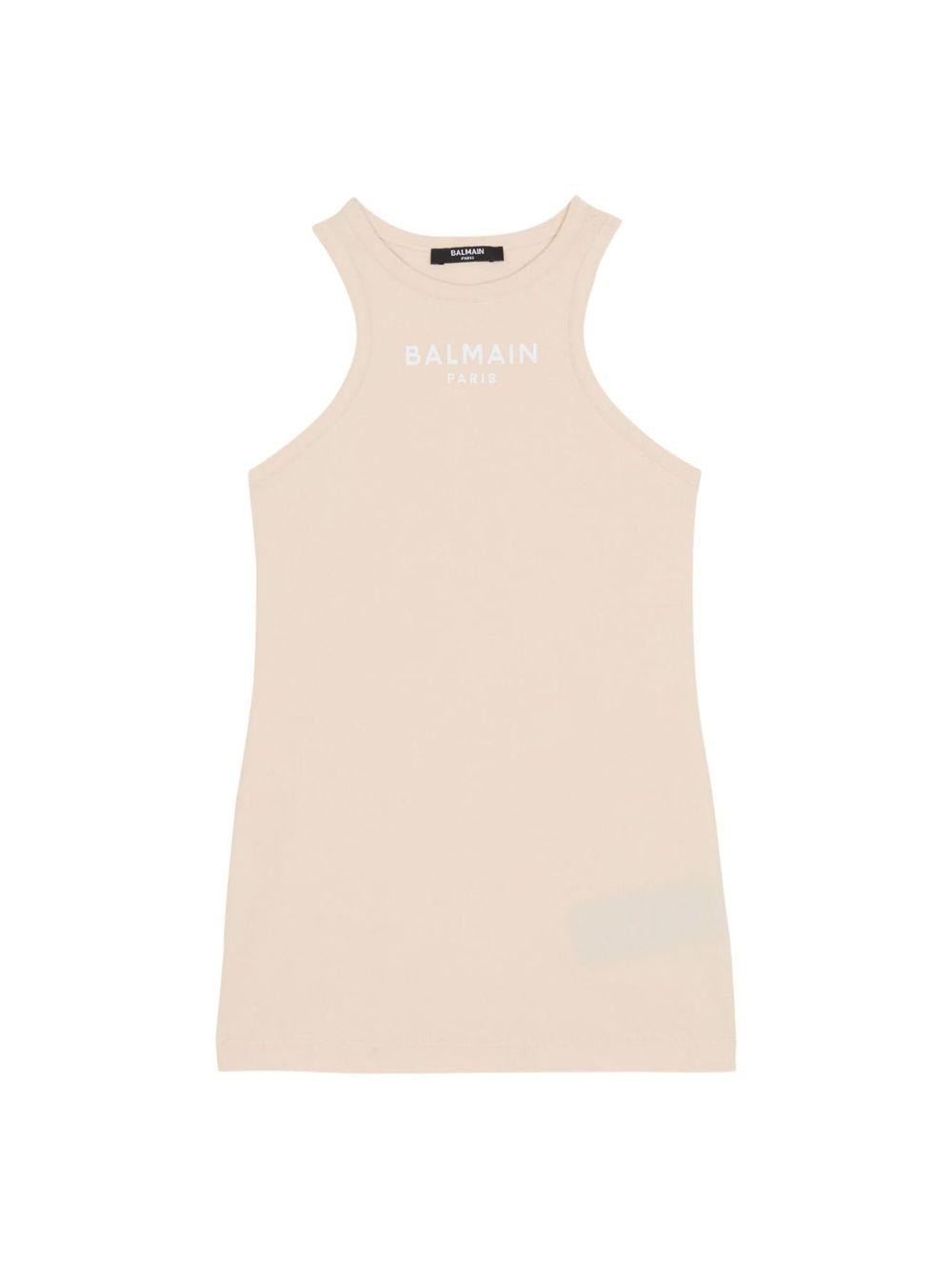 T-shirt per bambina Balmain Kids beige con logo stampato sul davanti - Rubino Kids