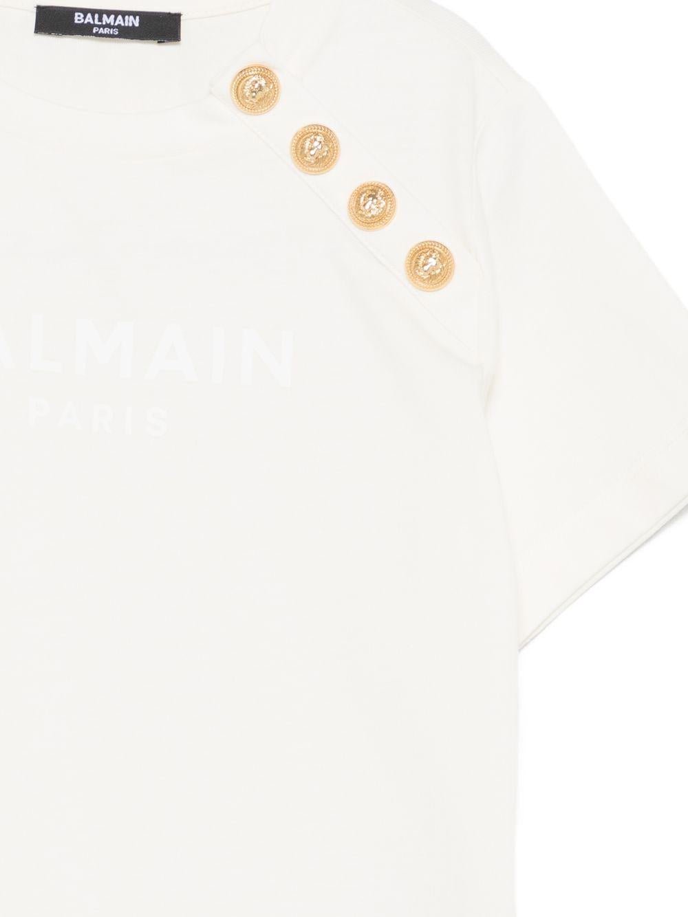 T-shirt per bambina Balmain Kids bianca con bottoni color oro sul davanti - Rubino Kids