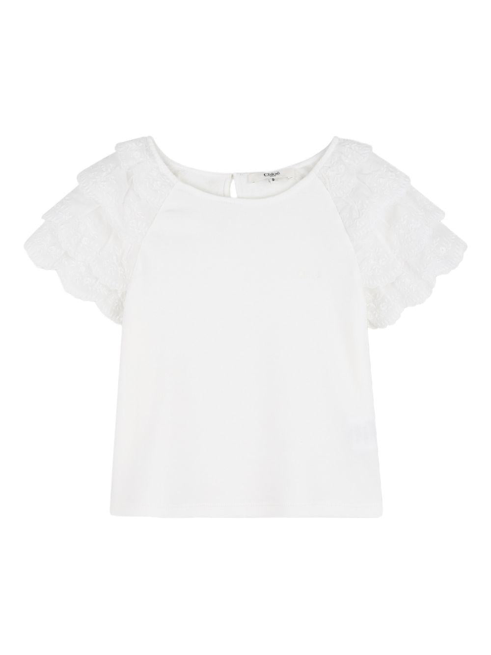 T-shirt per bambina Chloé Kids bianca con maniche a ruches - Rubino Kids
