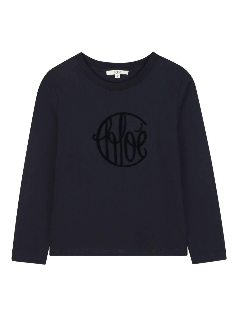 T-shirt per bambina Chloé Kids blu con stampa logo sul davanti - Rubino Kids