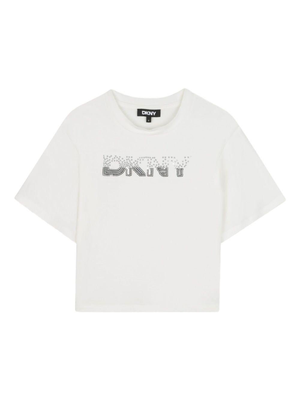 T-shirt per bambina DKNY Kids bianca con logo sul davanti - Rubino Kids
