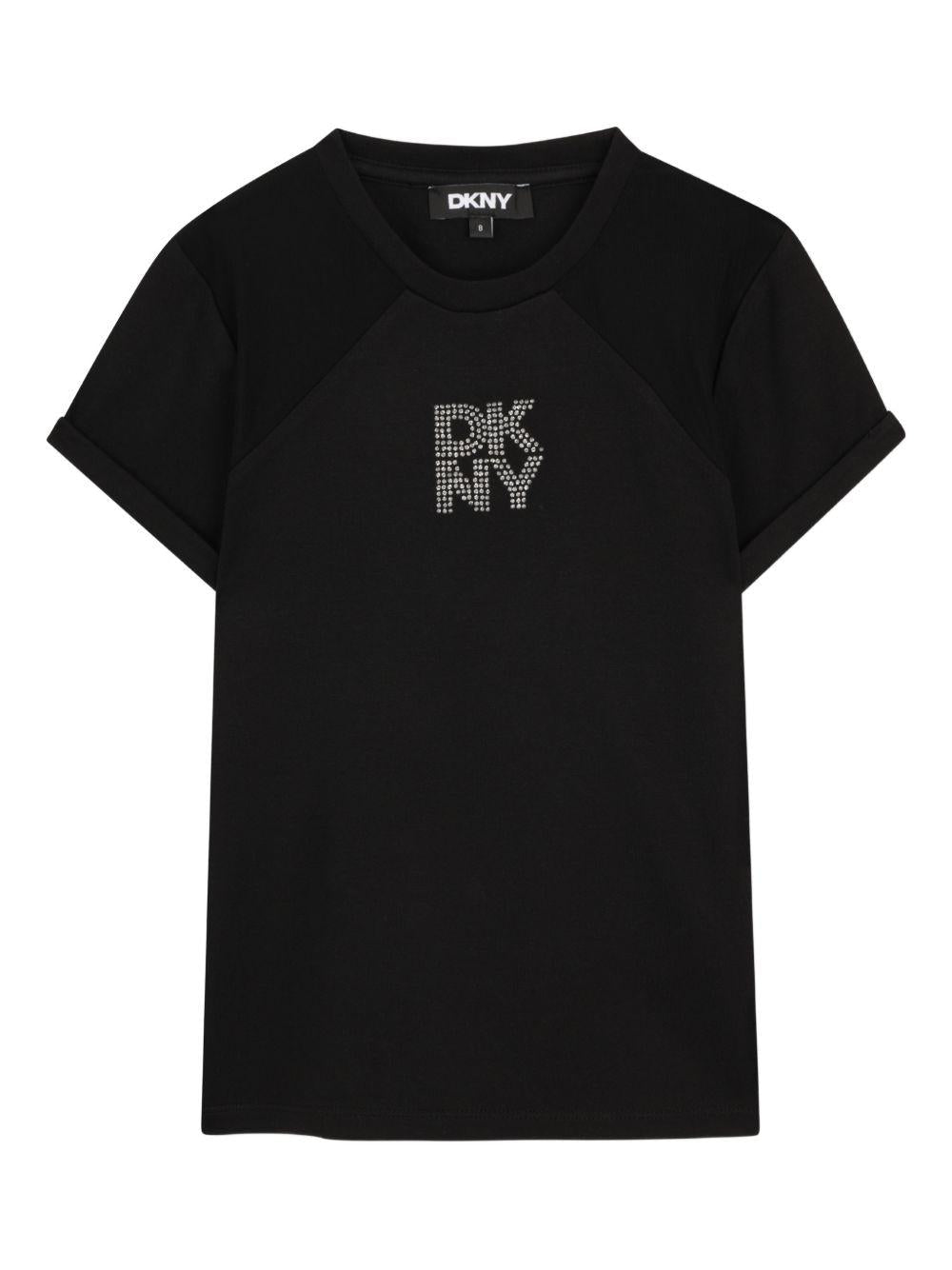 T-shirt per bambina Dkny Kids nera con logo con strass - Rubino Kids