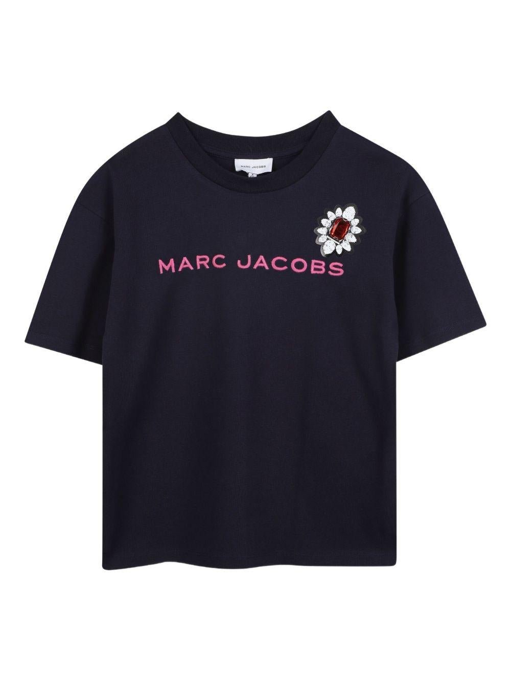 T-shirt per bambina Marc Jacobs Kids blu con ricamo a fiori e scritta con logo - Rubino Kids