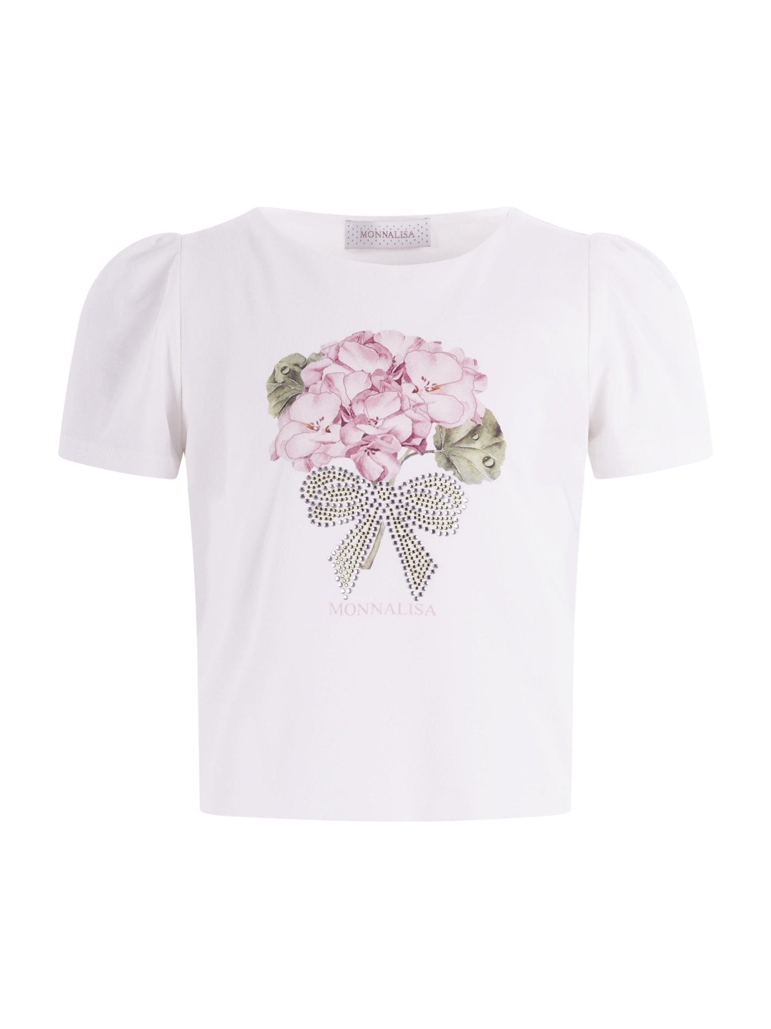 T-shirt per bambina Monnalisa bianca con grafica a fiori sul davanti - Rubino Kids